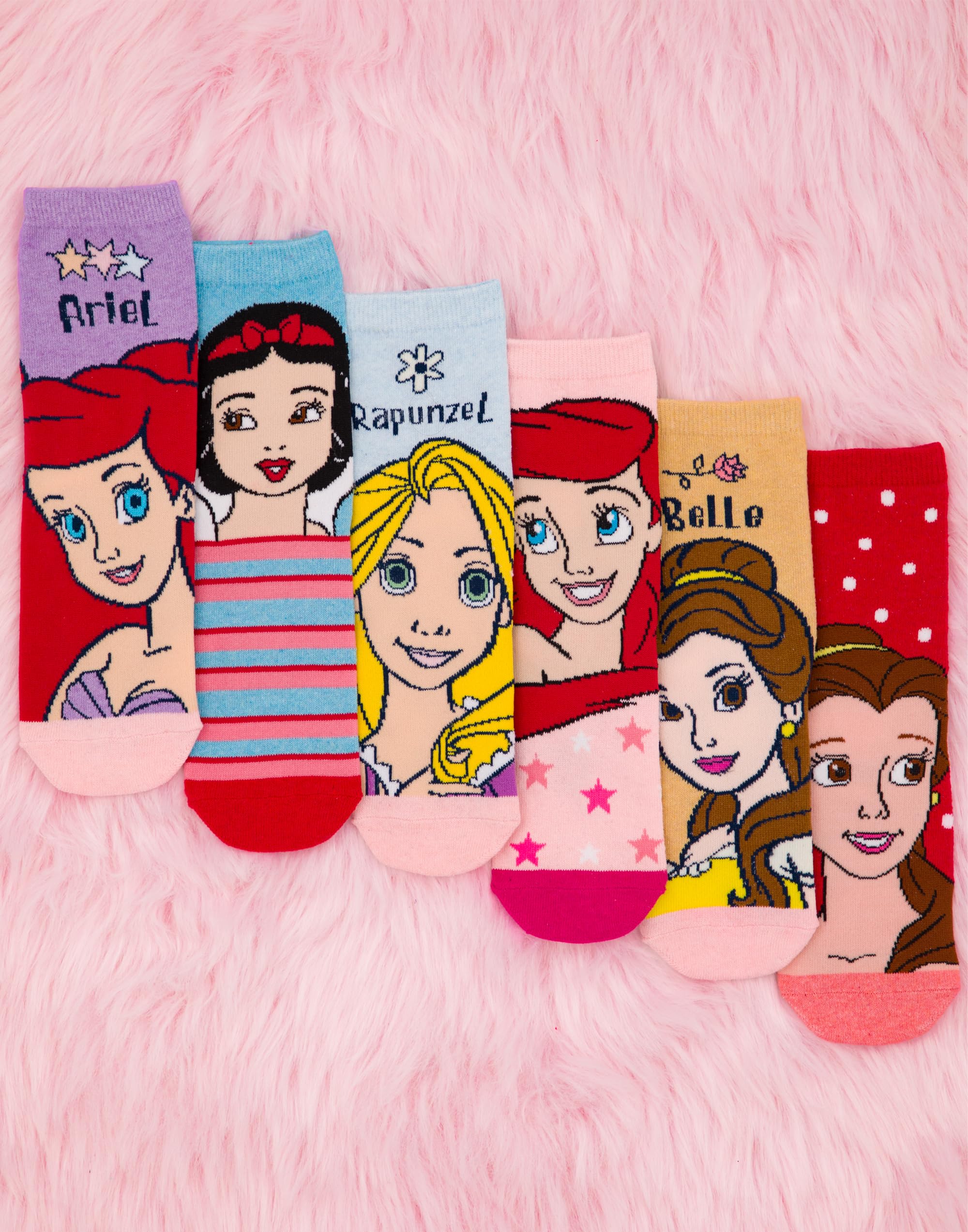 Disney Prinzessin Mädchen 6er Pack Socken | Kinder Mehrfarbige Charaktersocken | Schneewittchen Ariel Belle Rapunzel Grafik Schuhe | Komfortables Kindersocken-Set Bundle Film-Merchandise-Geschenk