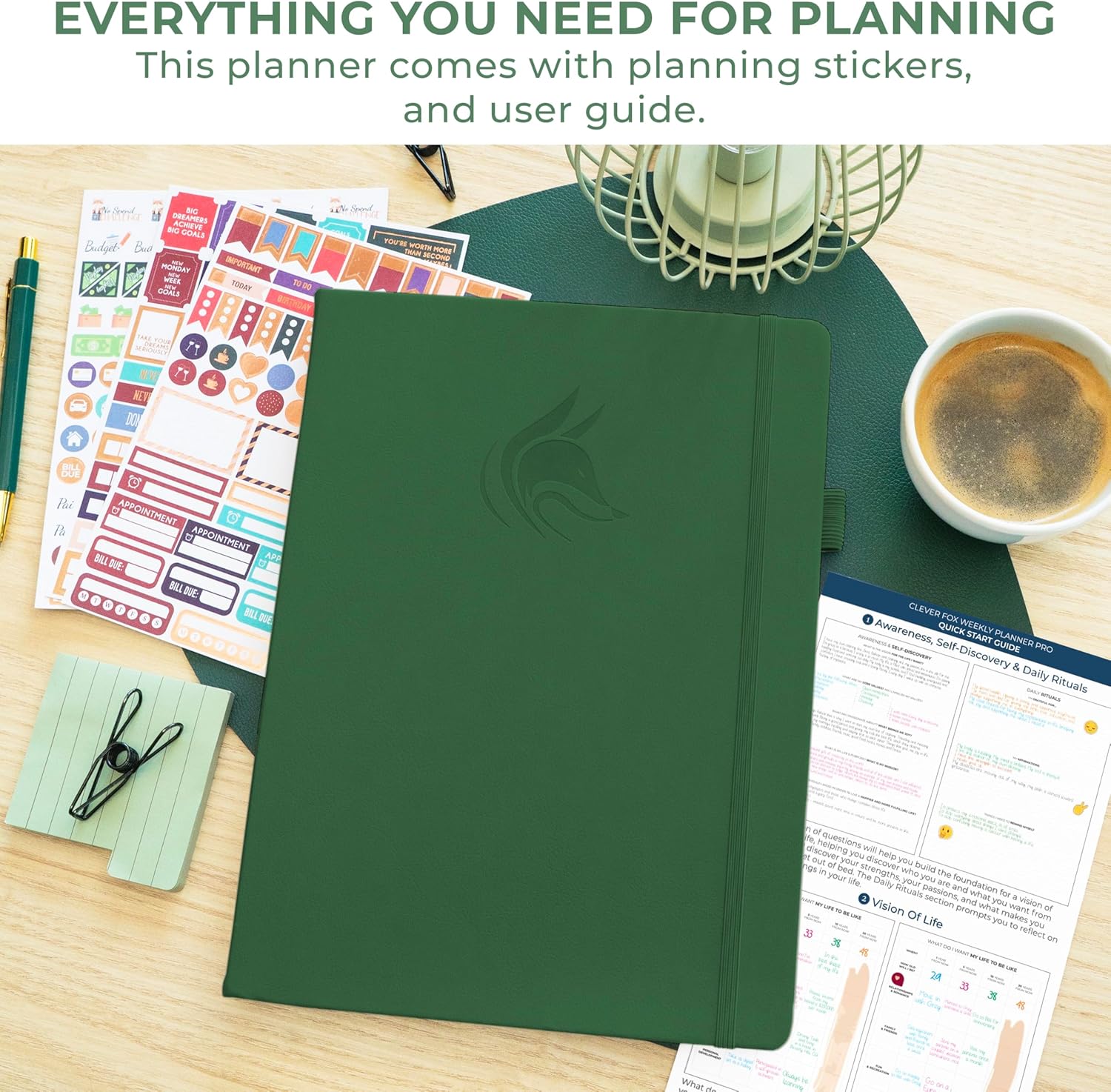 Clever Fox Planner PRO Schedule Dated (Jan 2026–Jan 2027) – Weekly & Monthly Life Planner with Time Slots, Appointment Book and Daily Organizer to Increase Productivity, A4 Hardcover – Forest Green