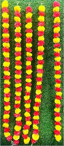 Miniatura 3 de Guirnalda de flores artificiales de caléndula magenta y amarilla, 5 cuerdas, guirnaldas de boda, decoraciones de fiesta, Genda phool mala,