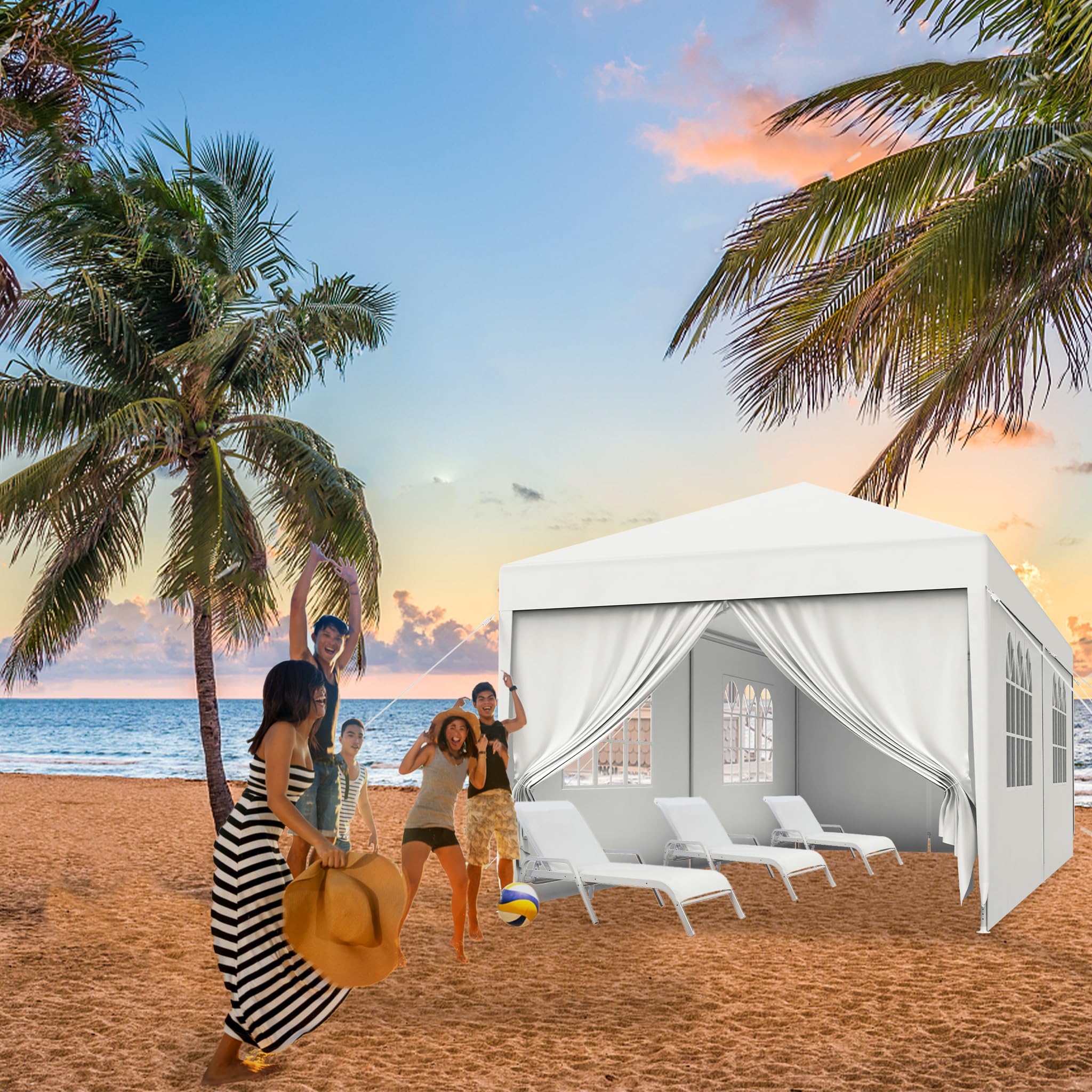 FIVMEN Gazebo Esterno Resistente da Giardino 3 x 6 m con Pannelli Laterali e Finestre in Poliestere Gazebi Tendone per Feste Protezione UV Impermeabile Tenda per Esterni, Bianco