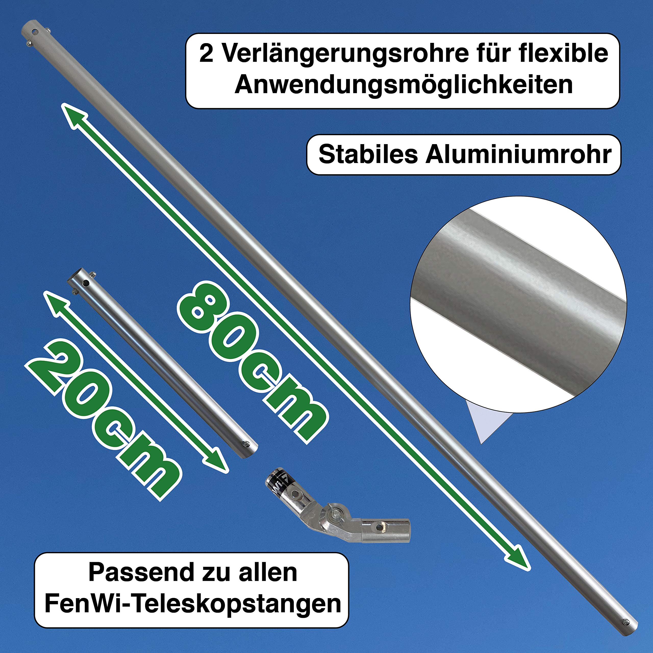 FenWi Aluminium Drehgelenk Set - Alu-Gelenk mit 20 + 80cm-Verlängerung als Zubehör für Teleskopstangen und Fensterwischer-Set`s - ideal für Starke Fenster-Leibungen und große Winkel