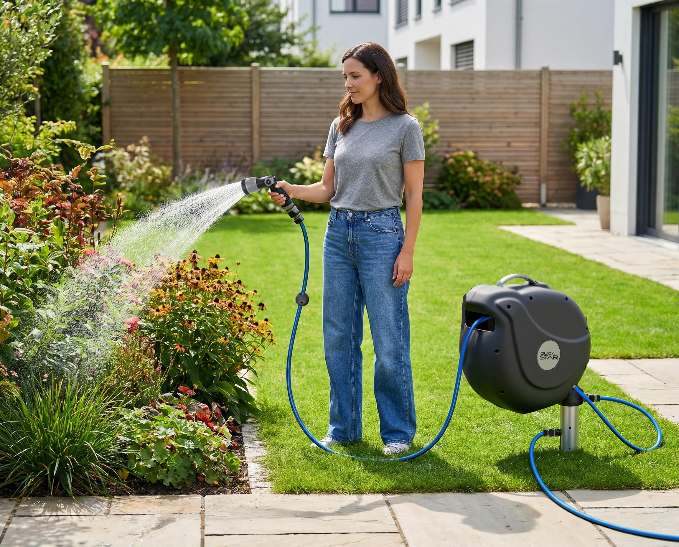 QUICK STAR Schlauchtrommel Zulu 20 m +2m, Automatik Rollup, 180° schwenkbar, 10 Modi Multi Handbrause, Aquablue Qualitätsschlauch, Gartenschlauch Wandhalterung Universalkupplung