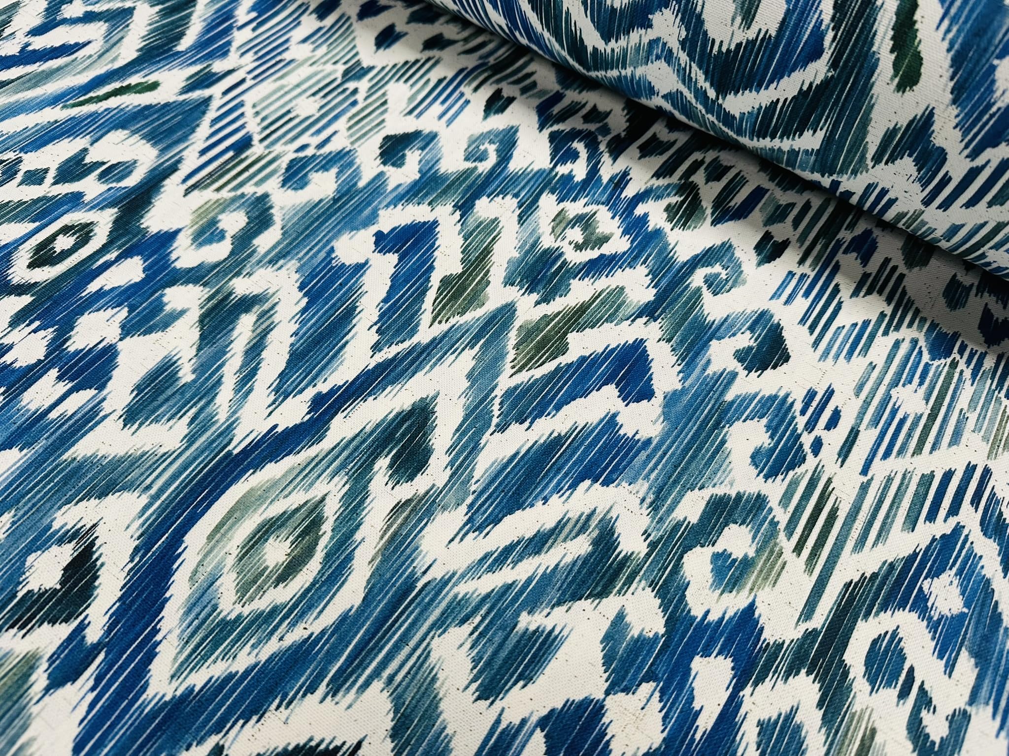Niebieski i zielony Ikat kwiatowy wachlarz adamaszek kwiat tkanina geometryczny paisley materiał bawełniany zasłony poduszki tapicerka wystrój domu - 280 cm bardzo szeroki - sprzedawany na metry