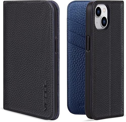 Miniatura 1 de VISOUL Pebbled - Funda de piel auténtica para iPhone 14 con tarjetero para hombres y mujeres, funda magnética con tapa con soporte, bloqueo RFID,