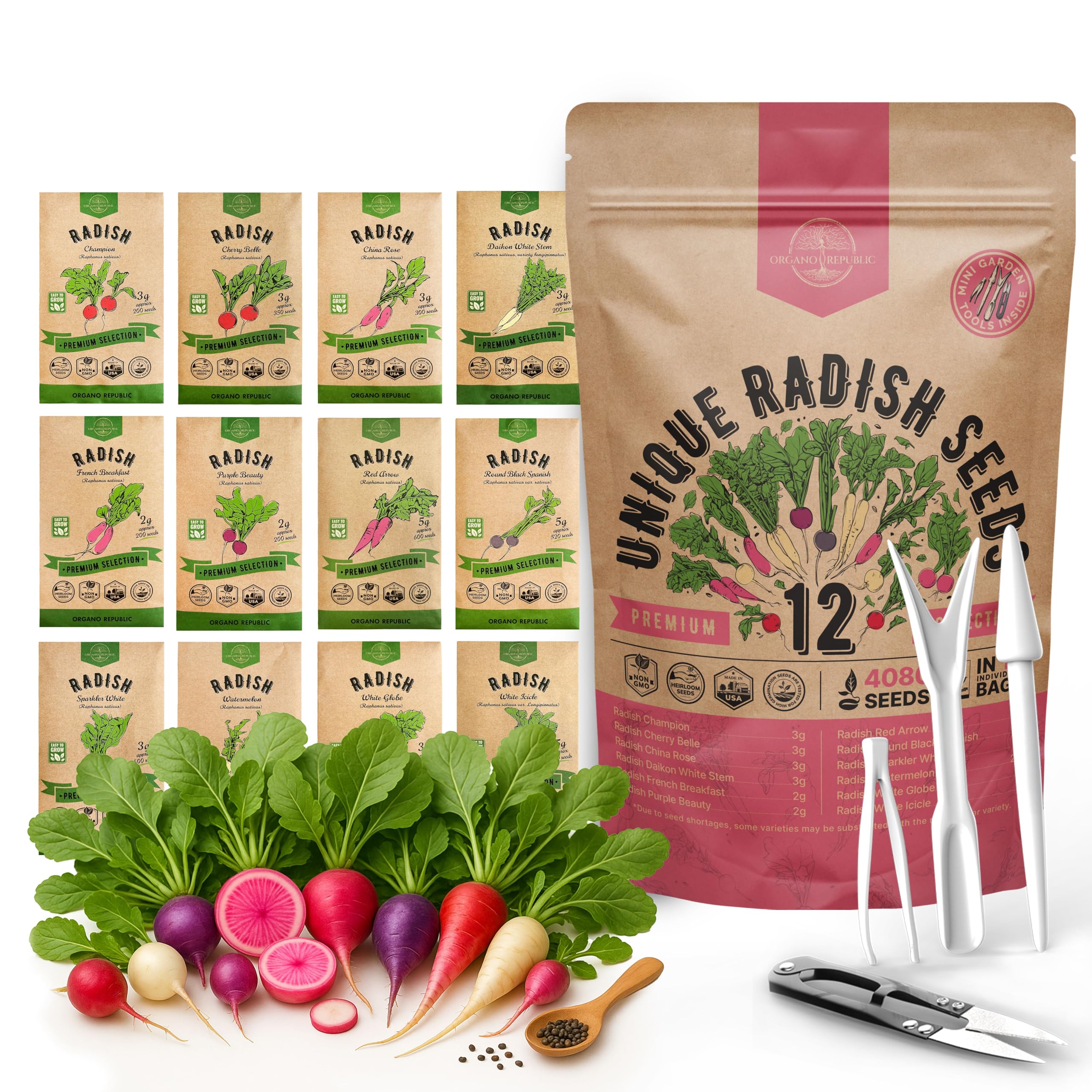 Organo Republic 12 Radish Seeds Variety Pack for Indoor & Outdoors 2400+ Heirloom Non-GMO Radish Garden Seeds: Daikon, Cherry Belle, French, Breakfast, Champion, Purple, Watermelon Radishes Seeds