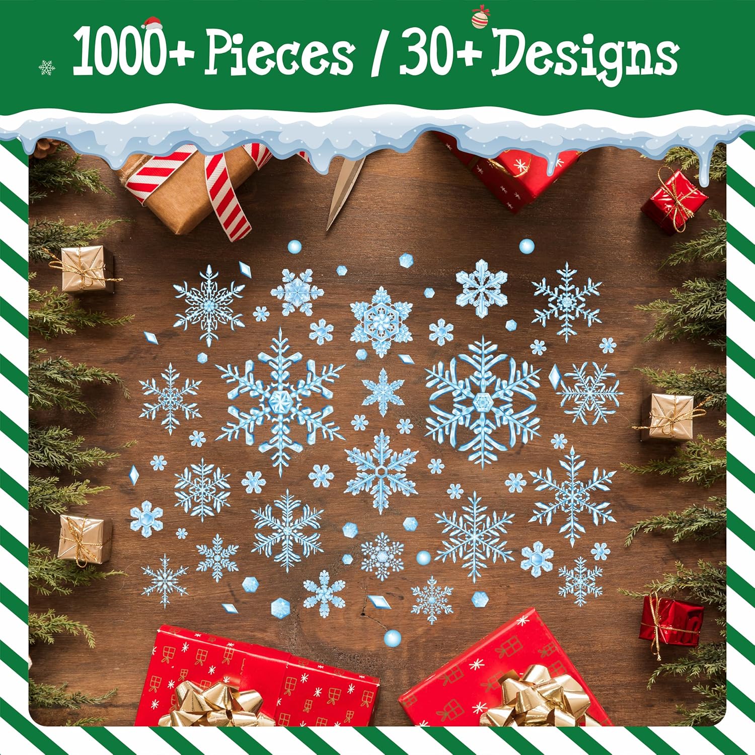 1000+ Double Sided Snowflake Window Clings, 30+ Designs Blue Static Stickers Window Decoration Christmas Ornaments Reusable Winter Party Supplies New Year Decals for Winter Holiday (10 Sheets) Blue Snowflake