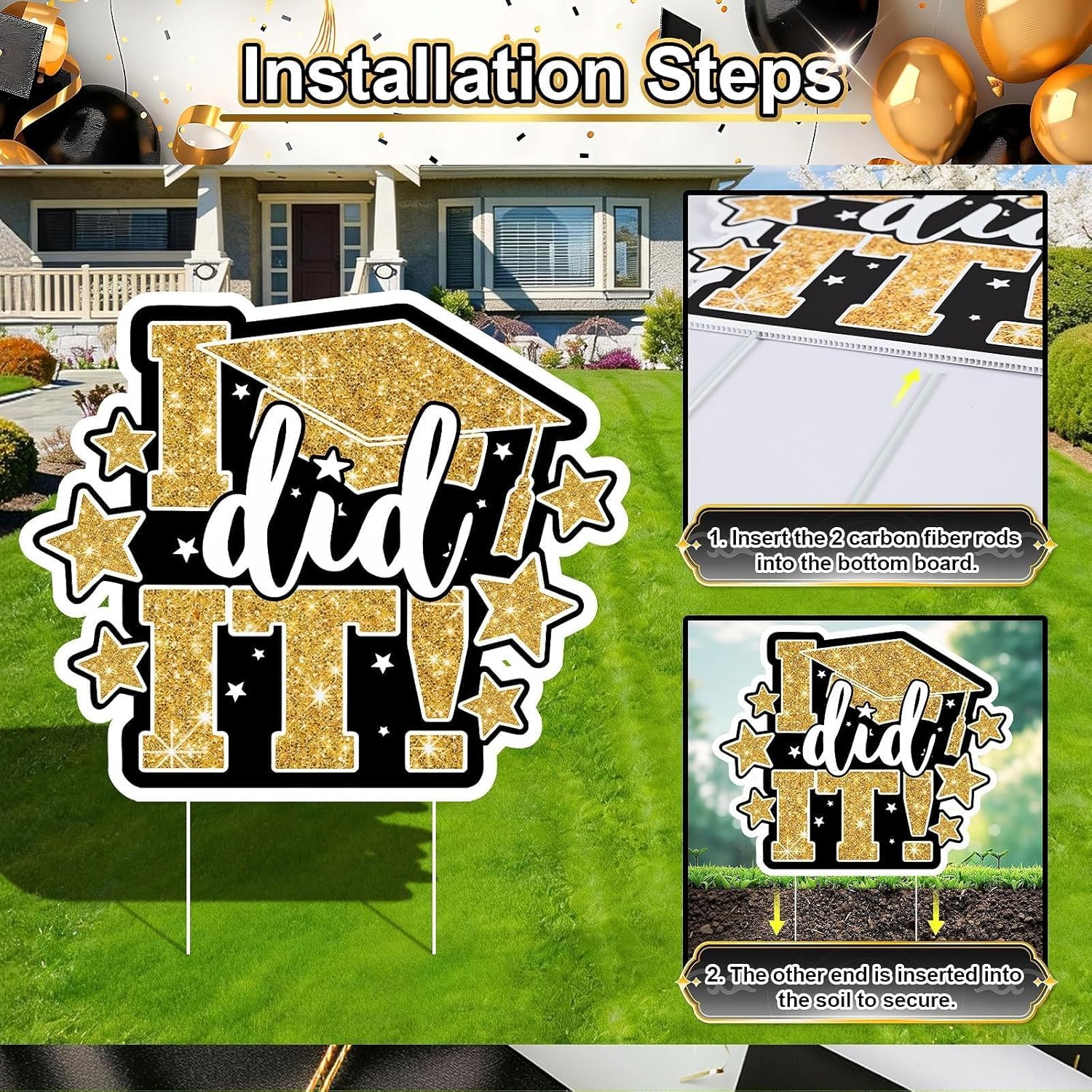 Graduation Yard Signs Class of 2026 Decorations, 11PCS Black Gold Congrats Grad 2026 Lawn Sign Large Yard Decor with Stakes for Outdoor Senior High School College Garden Prom Send Off Party Supplies