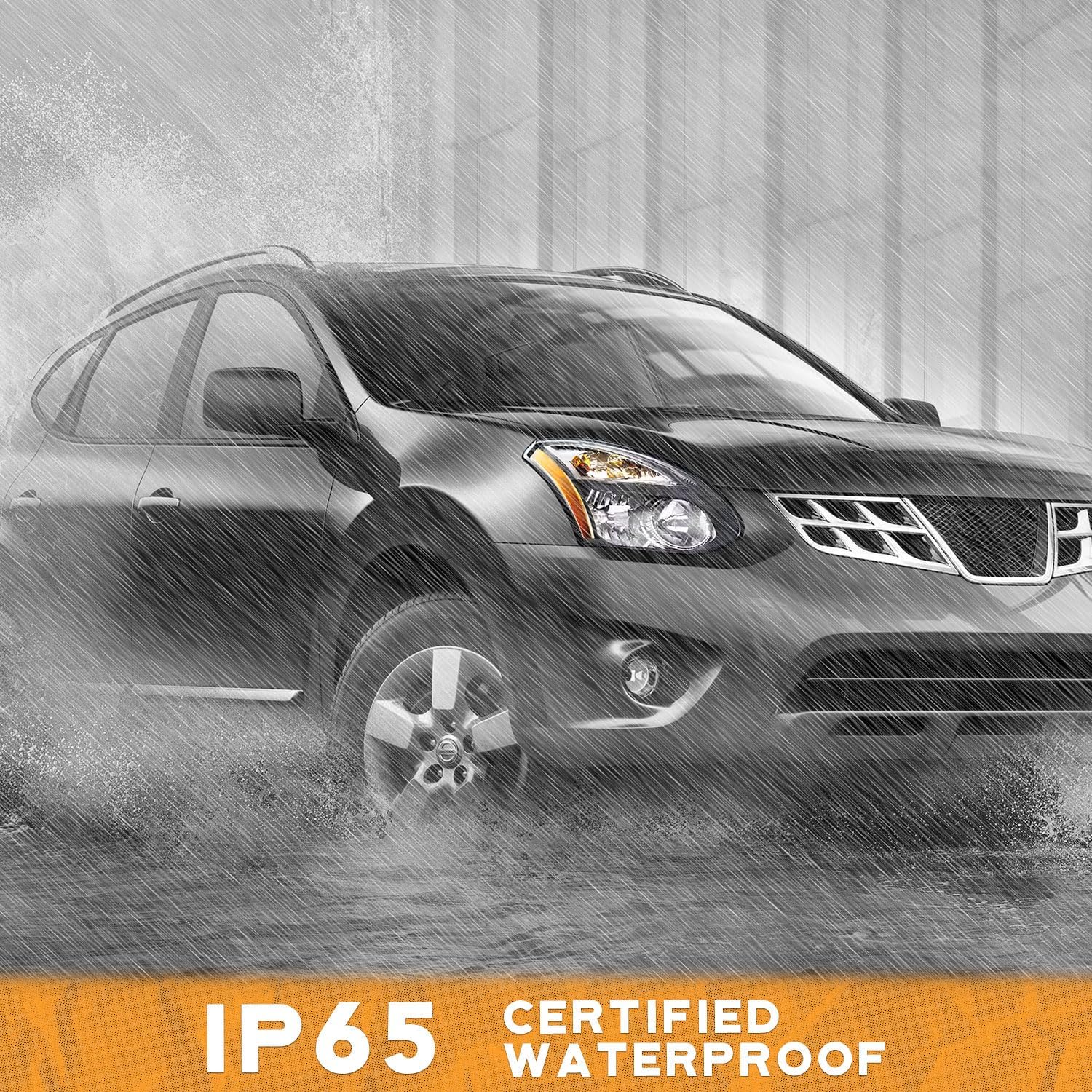 A car driving through heavy rain, with text 'IP65 Certified Waterproof'.