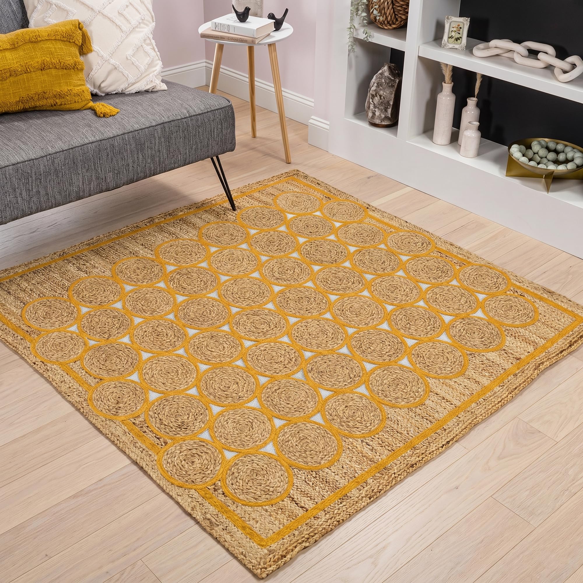 Tapis en jute fait main haut de gamme décoratif épais motif circulaire