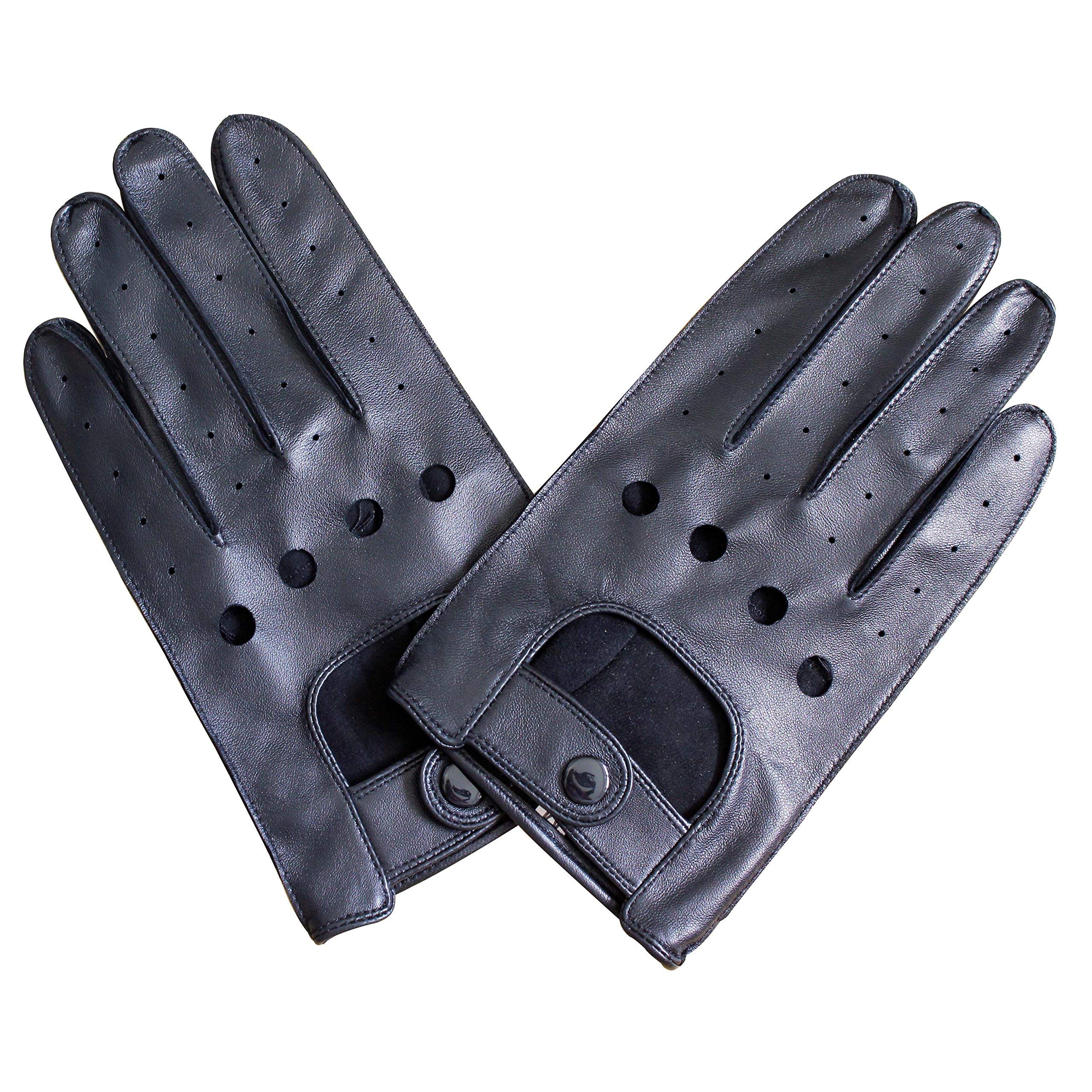 Jasmine Silk Men's Black Luxury Genuine Lambskin Leather Driving Gloves (Medium (8.5-9.5 Inches))