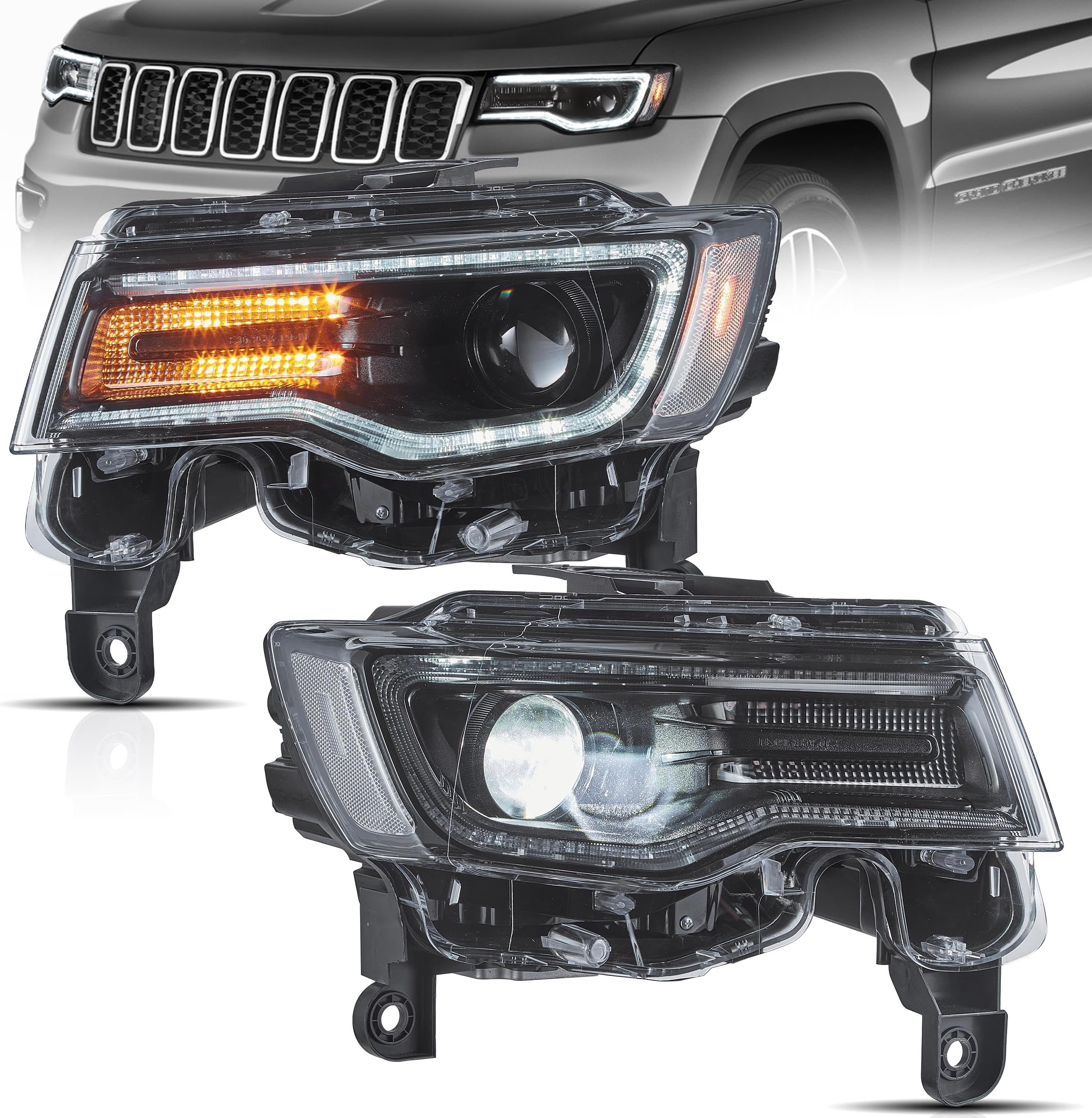 VLAND Headlights Fit for 2014-2022 Grand Cherokee, LED Front Lights with Blue Dynamic Startup DRL, W/Sequential Turn Signal, Black Housing, Clear Projector Headlights