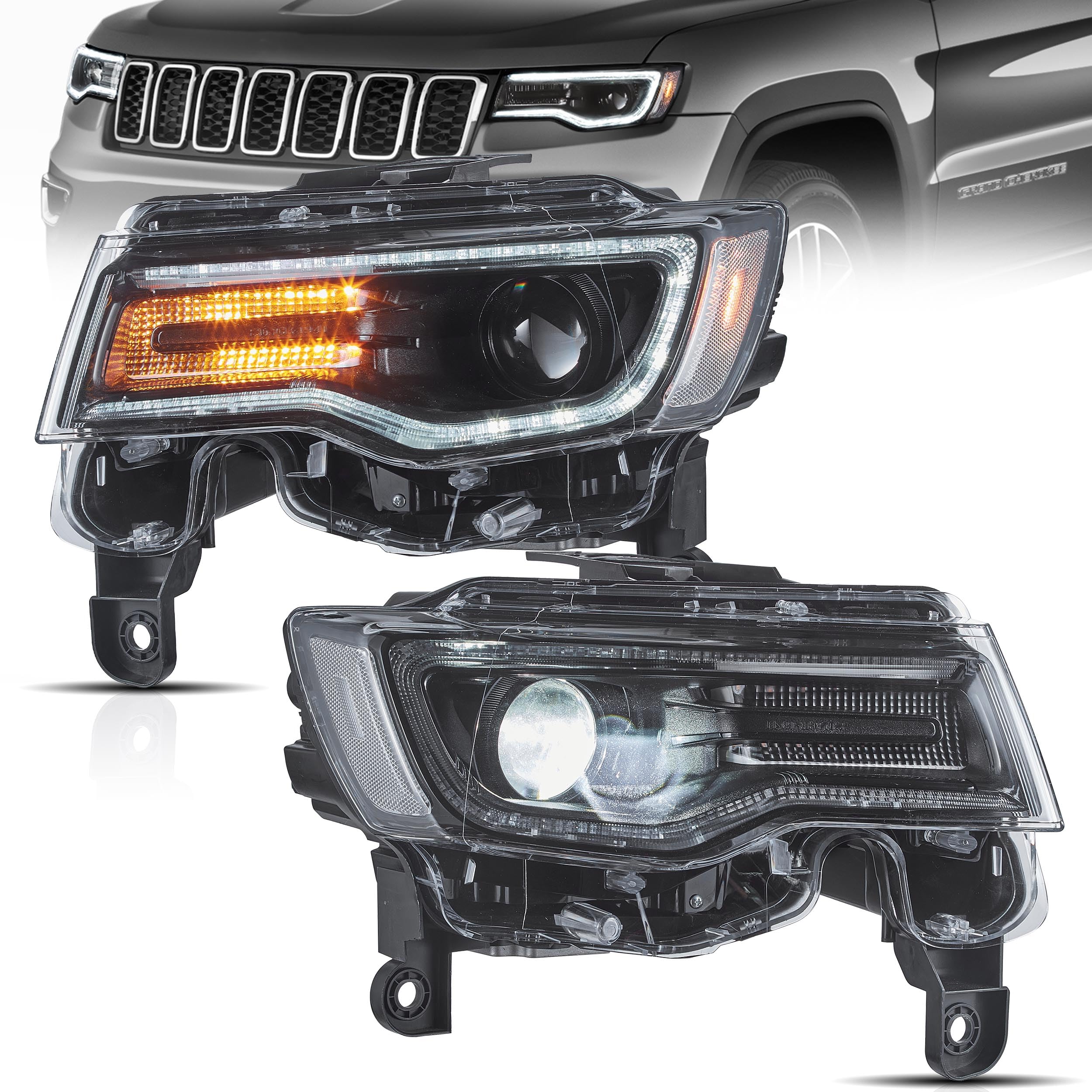 VLAND Headlights Fit for 2014-2022 Grand Cherokee, LED Front Lights with Blue Dynamic Startup DRL, W/Sequential Turn Signal, Black Housing, Clear Projector Headlights