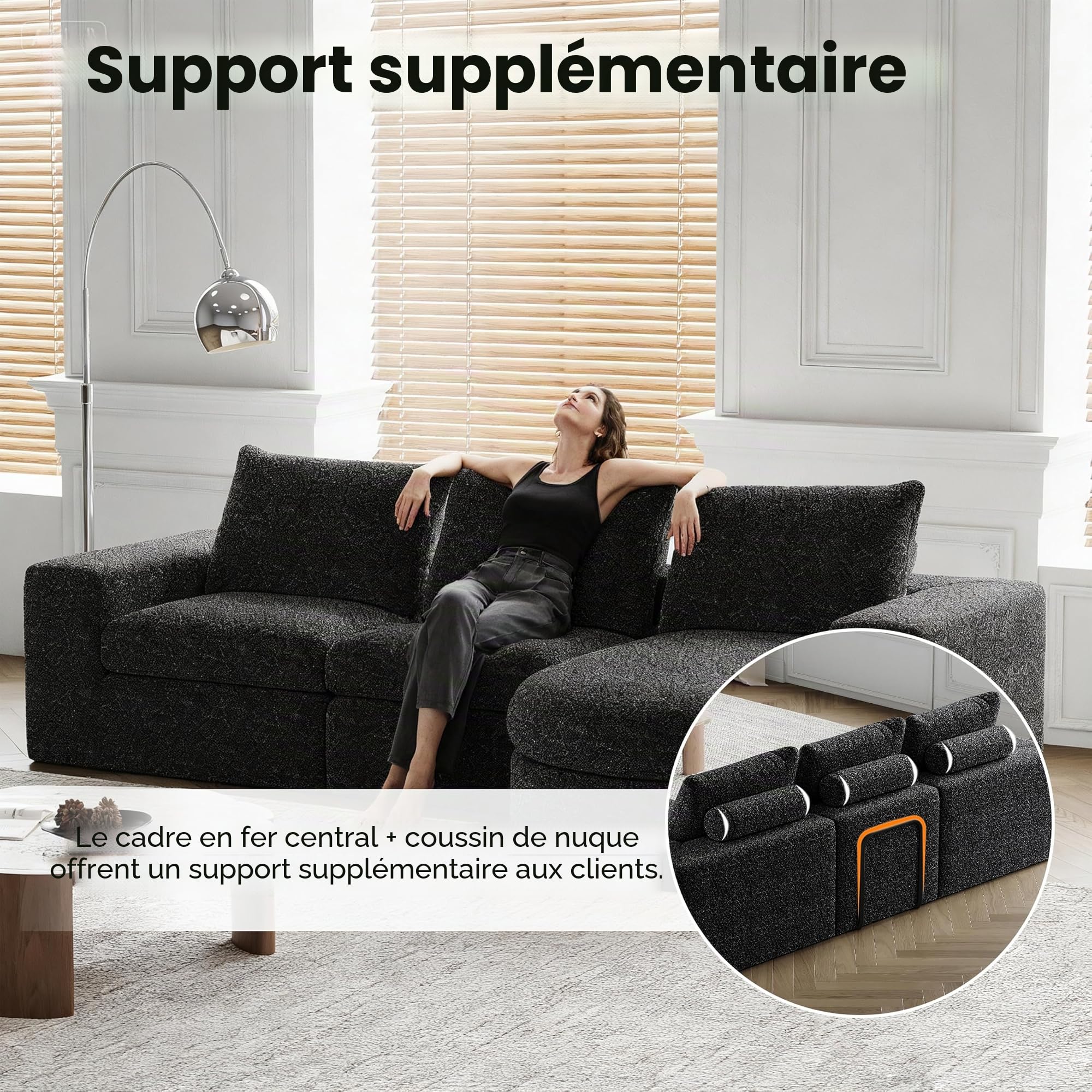 251cm Canapé d'angle en Forme de L avec Fonction Couchage - Canapé modulable avec méridienne Droite - Assise Extra Profonde - Canapé-lit pour Salon (Noir)