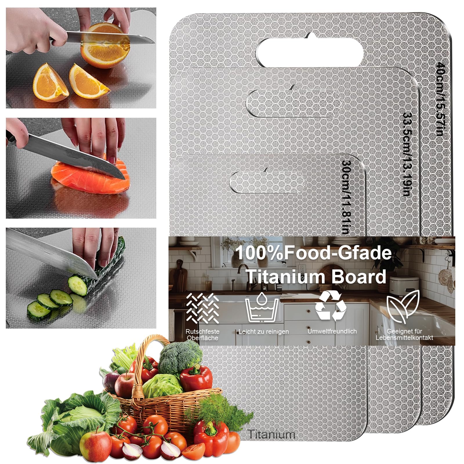 3 Pcs Tagliere in Titanio, Titan Schneidebrett Kratzfest Doppio Lato per Alimenti, tagliere Acciaio Inox, Cutting board in Acciaio Inossidabile, Cutting Board per Frutta, Verdura, Carne