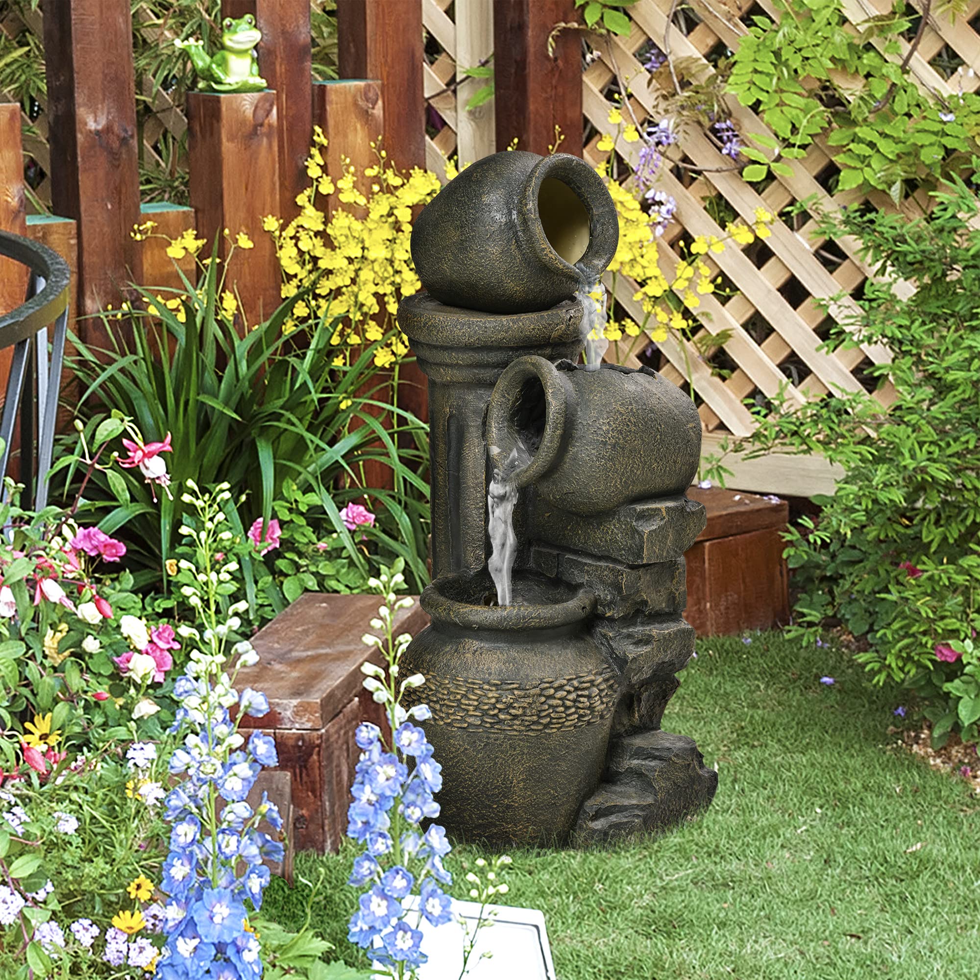 Outsunny Zen - Fuente de jardín ornamental (3 jarras, flujo ajustable, bomba de agua sumergible, incluye dim. 36,5 x 32 x 73 cm, resina gris