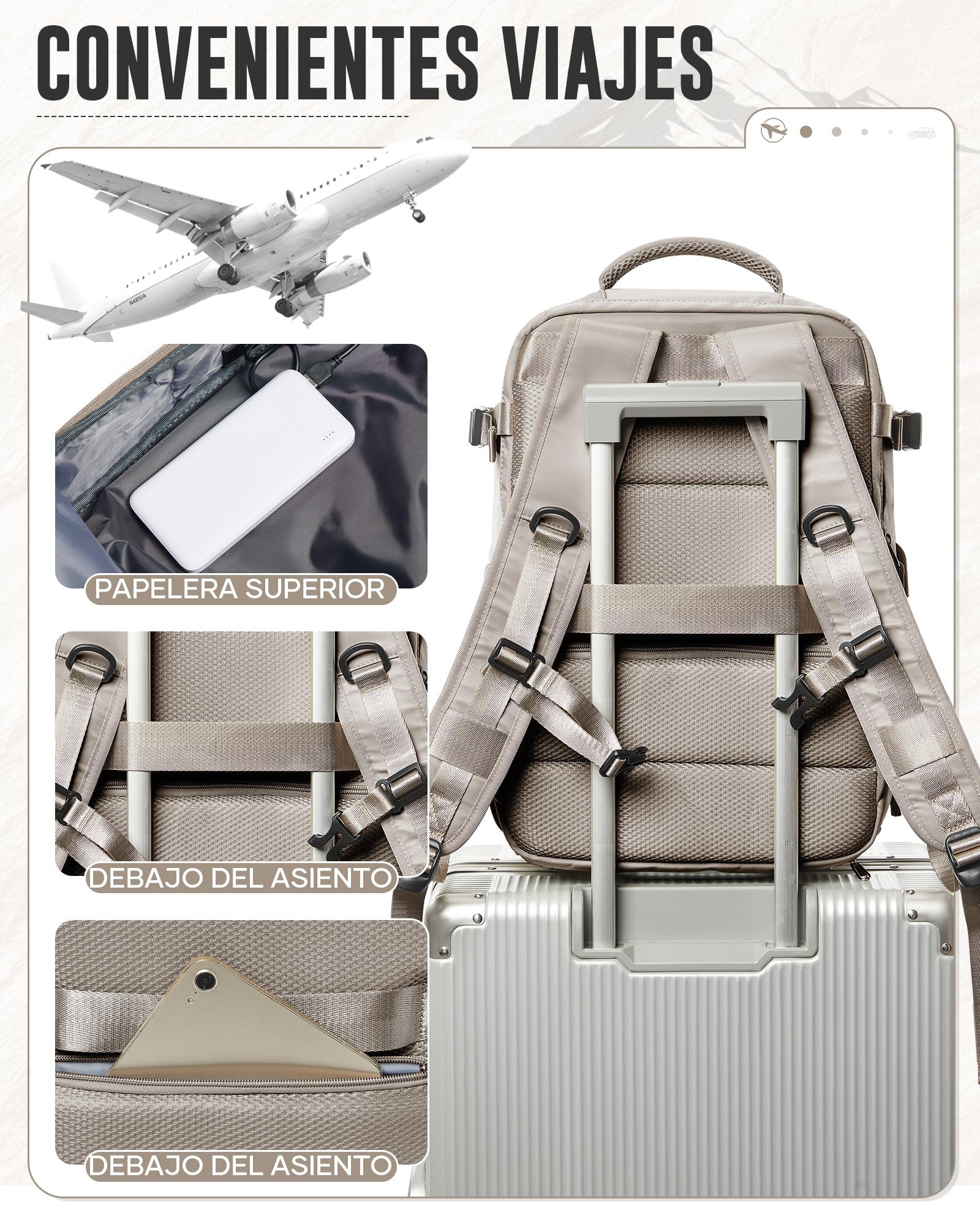 Mochila Viaje al Vacío con Bomba, Mochila de Viaje Cabina Avion 40x30x20 Ryanair,Impermeable Mochila Compresion al Vacio Para Portatil 14" Hombre y Mujer(Marrón grisáceo)