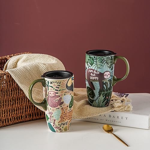 Miniatura 6 de Topadorn Taza de café de cerámica para regalo con tapa de 17 onzas, taza de té alta de porcelana con asa para el hogar y la oficina, taza de