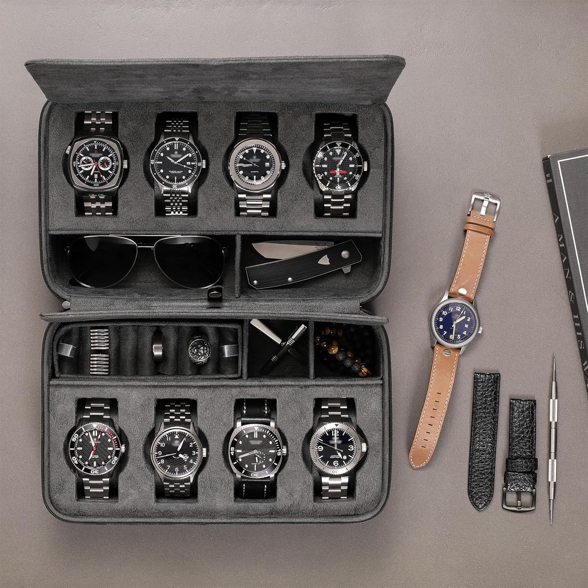 ROTHWELL Custodia da viaggio per 8 orologi, per 8 orologi, 2 paia di occhiali da sole, anelli e gemelli, resistente protezione portatile con cerniera, adatta a tutti gli orologi da polso e smartwatch
