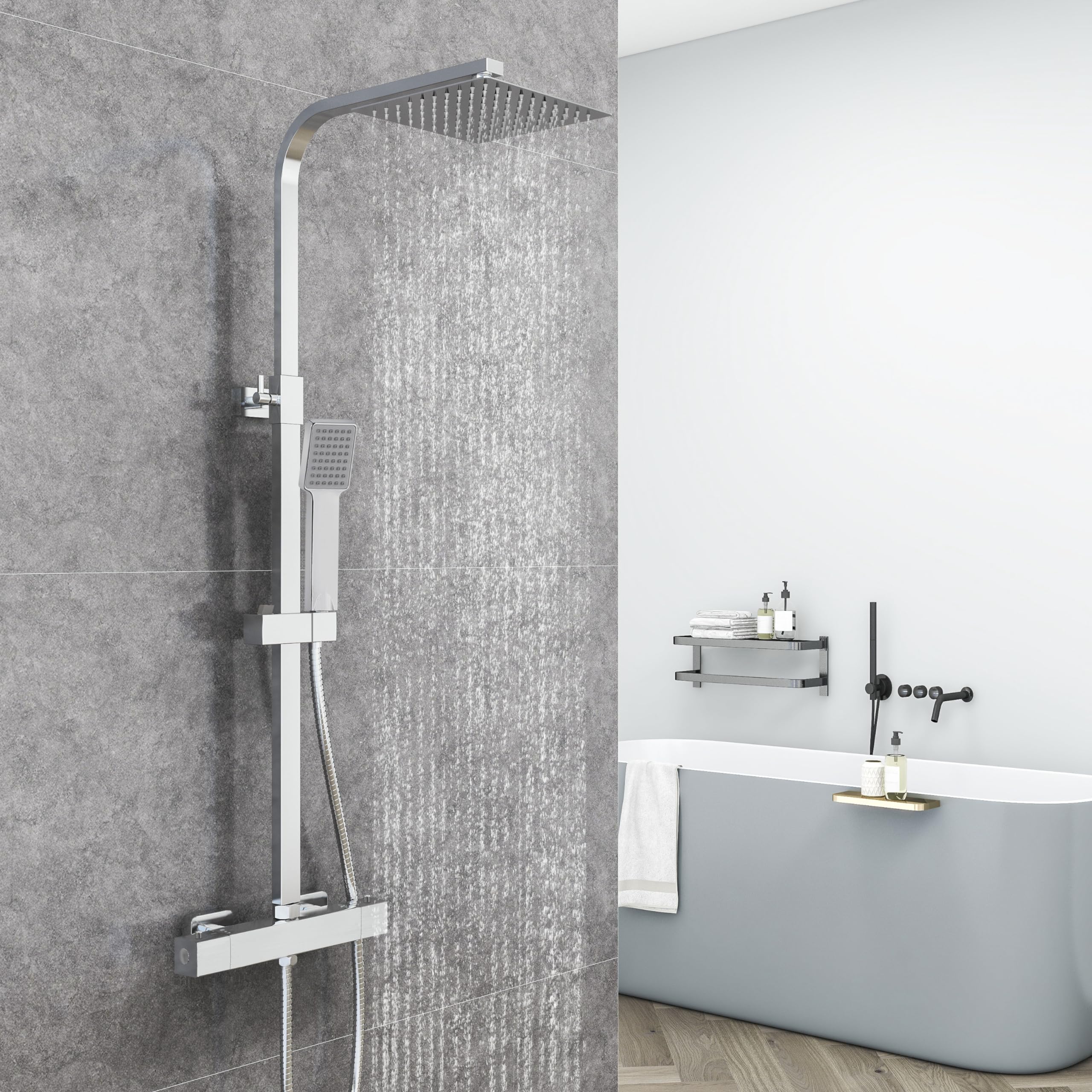 AICA Ensemble de Colonne de Douche Thermostatique pour Salle de Bain, Robinet de Douche Thermostatique, Laiton, Chromé, Hauteur Réglable 730 mm-1150 mm (Carré 3, argent)