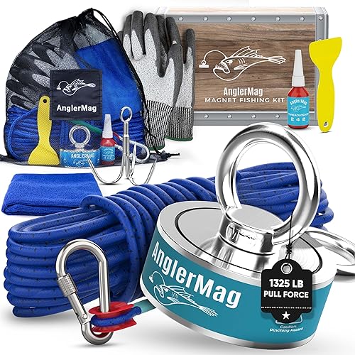 AnglerMag - Kit de pesca con imán, 1325 libras, kit de pesca magnético de doble cara con cuerda, mosquetón, guantes, gancho de agarre y bolsa de
