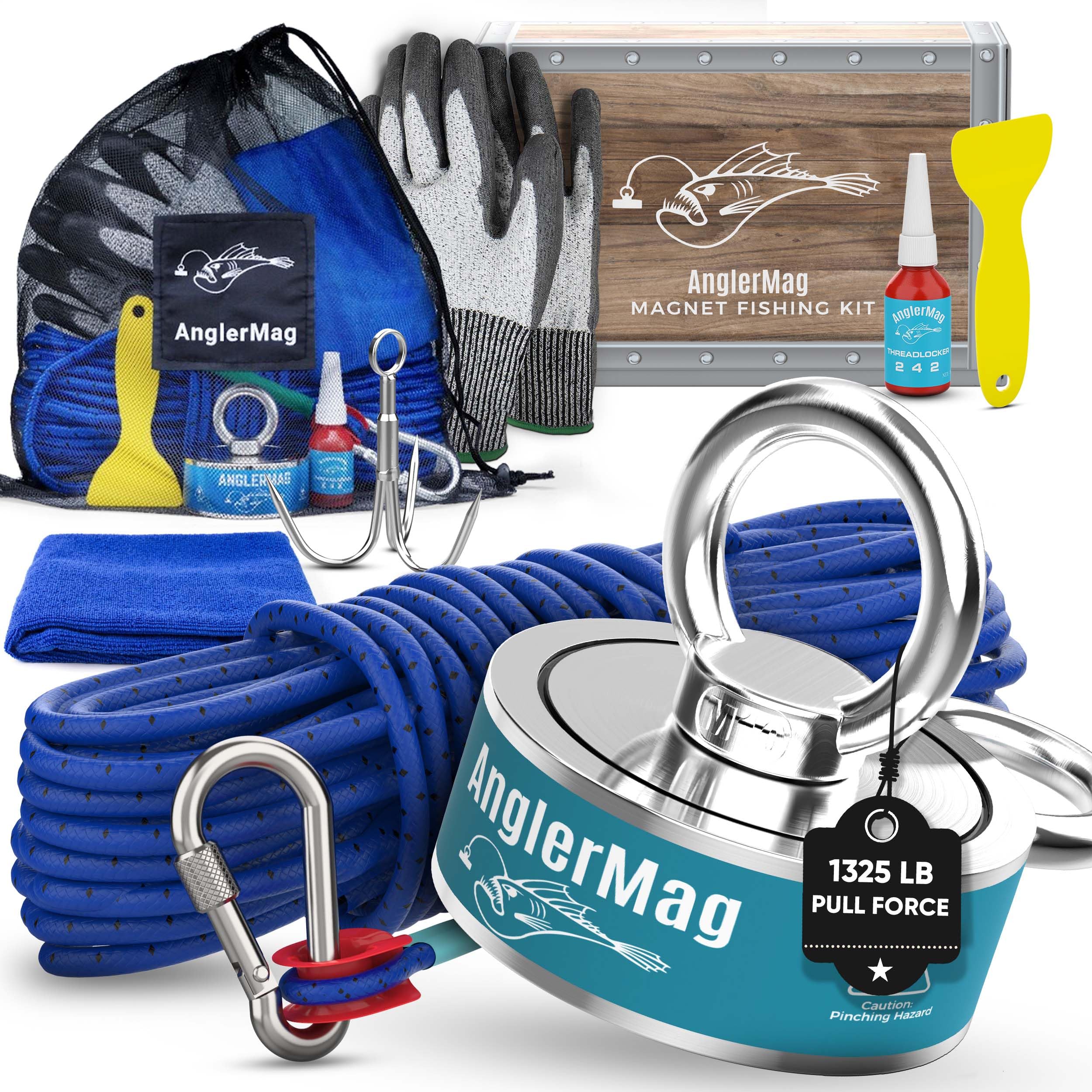 AnglerMag Magnet Fishing Kit, 1250 lbs Double Sided Magnetic Fishing Kit with Rope, Carabiner, Gloves, Grappling Hook & Carrying Bag, 10 Piece Complete Set Fishing Magnet Kit