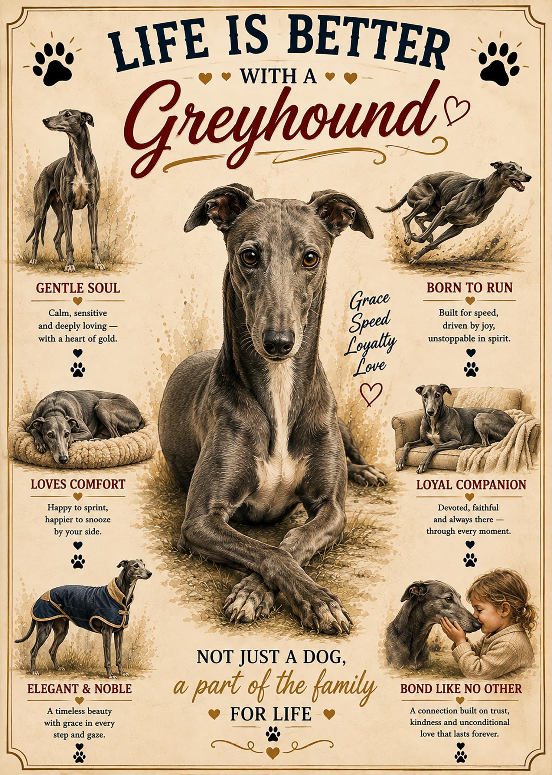 RJR PRINTS A4 Dog Print | Life Is Better with a Greyhound Vintage Style Wall Art | Greyhound Lover Gift | Unframed