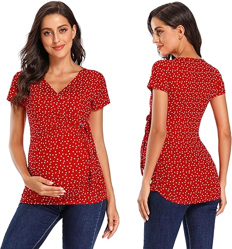 Miniatura 2 de Glampunch Camisas de maternidad para mujer, manga corta y larga, con lazo frontal, tops de maternidad