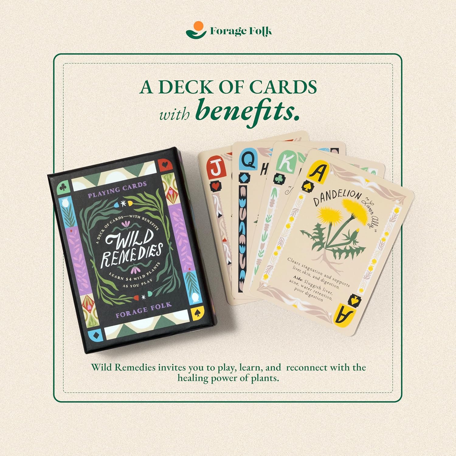 Wild Remedies Botanical Playing Cards for Nature Lovers & Collectors – Beautiful Playing Cards, Poker Deck Featuring 52 Hand-Illustrated Healing Herbs + Digital Booklet of 20 Classic Games