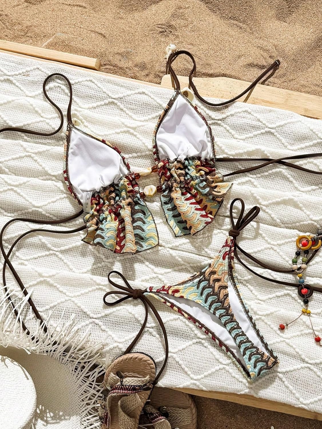 ZAFUL Halter Swimsuits for Women Textured Backless 2 Piece Bathing Suits Cheeky High Cut String Tie Side Bikini Sets - Image 5