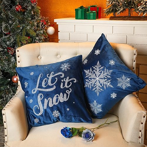 Miniatura 4 de Peryiter 4 fundas de almohada de terciopelo navideño, 18 x 18 pulgadas, decorativas, de terciopelo, copos de nieve, con diamantes de imitación, para