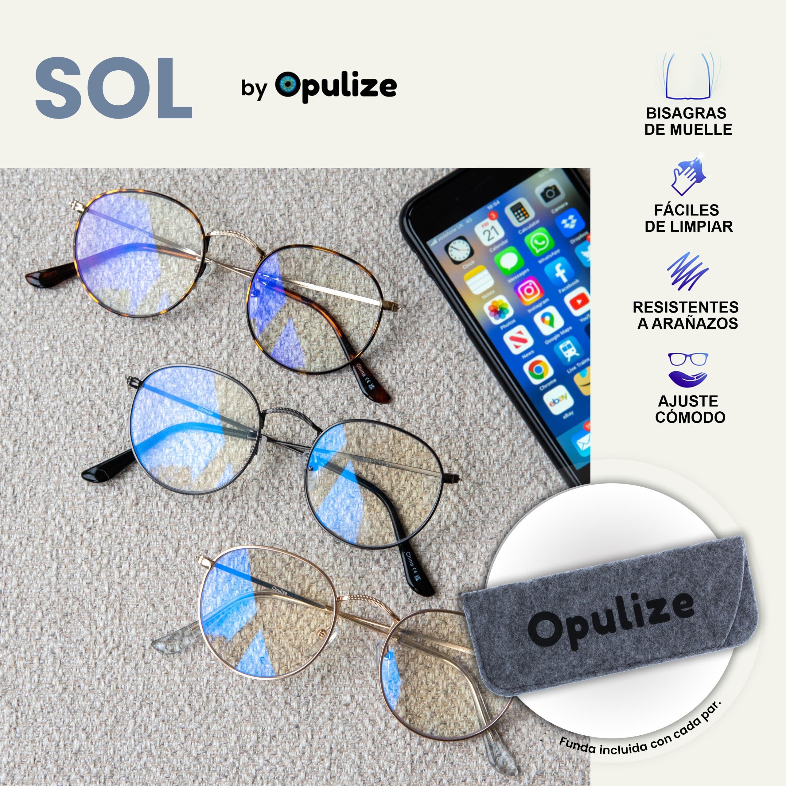 OPULIZE Sol Gafas Luz Azul con Montura Retro - Gafas Filtro Azul Hombre Mujer, Mejoran Sueño y Reducen Dolor de Cabeza -Para PC y Videojuegos B94
