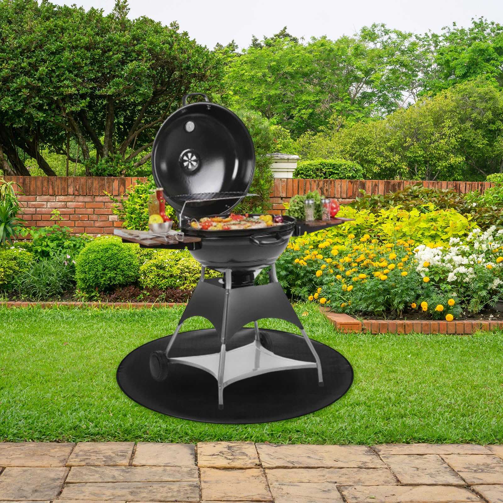 sourcing map Tapis de brasero rond de 150 cm, 2 couches en silicone ignifuge, portable, réutilisable, imperméable, accessoire de barbecue pour barbecue, terrasse, herbe, noir