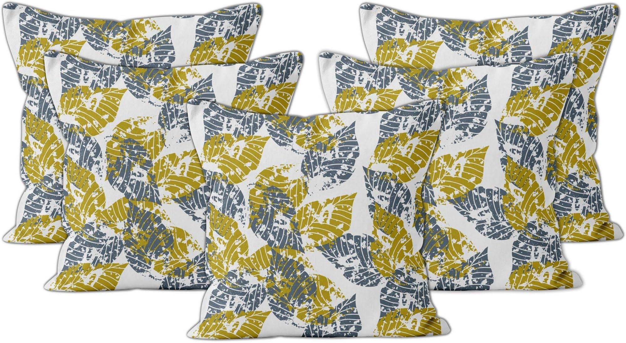 Encasa XO Decorative Cushion Covers - Set of 5 Pcs, 40x40 cm (16"x16") - Printed Polyester, Light Weight, Soft, Pillow Case for Bedroom, Living Room, House & Hotel - Dry Leaves