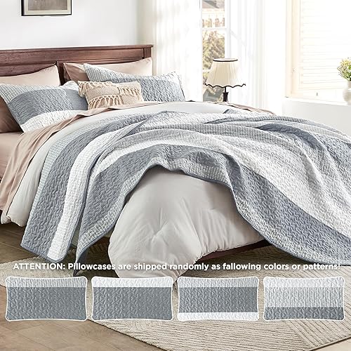 Miniatura 8 de Andency - Juego de edredón de rayas grises King (106 x 96 pulgadas), 3 piezas (1 edredón y 2 fundas de almohada), juego de colcha de retazos, juego