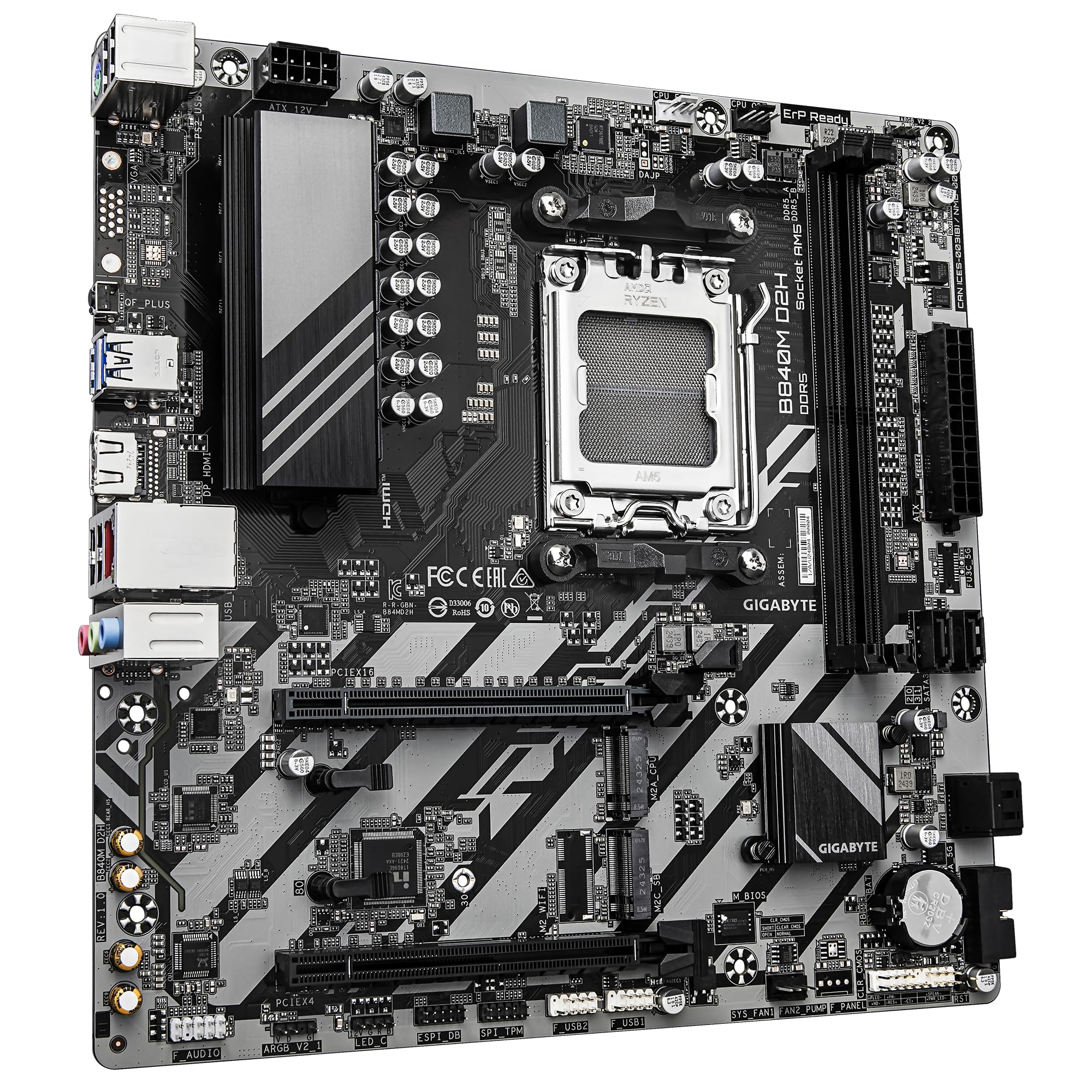GIGABYTE B840M D2H Scheda madre - CPU AMD Ryzen 9000, VRM a 5+2+2 fasi, fino a 7600 MHz DDR5, 1xPCIe 4.0 + 1xPCIe 3.0 M.2, LAN 2.5GbE, USB 3.2 Gen 1