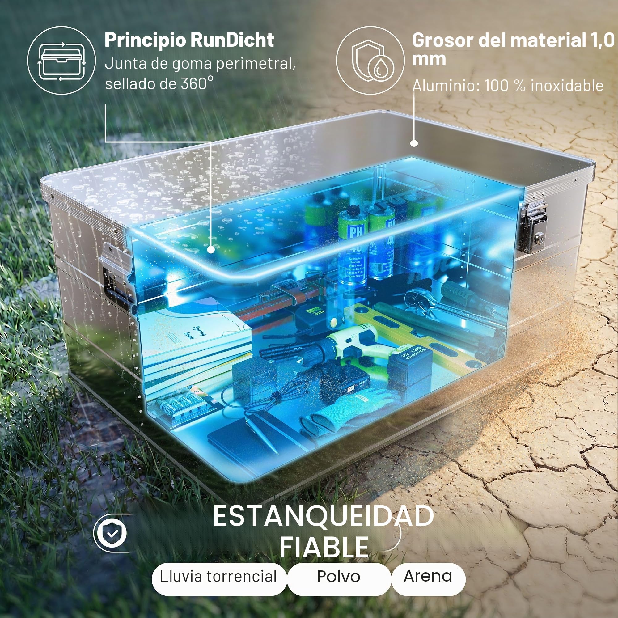 Trucky Caja de aluminio con tapa, 135 L, color plateado | aluminio, caja de transporte, caja de metal, caja de almacenamiento, caja de metal