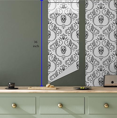 Miniatura 6 de Papel pintado Lunarable de despegar y pegar para el hogar, ornamento vintage en estilo barroco con ilustración de parte de calavera y esqueleto,