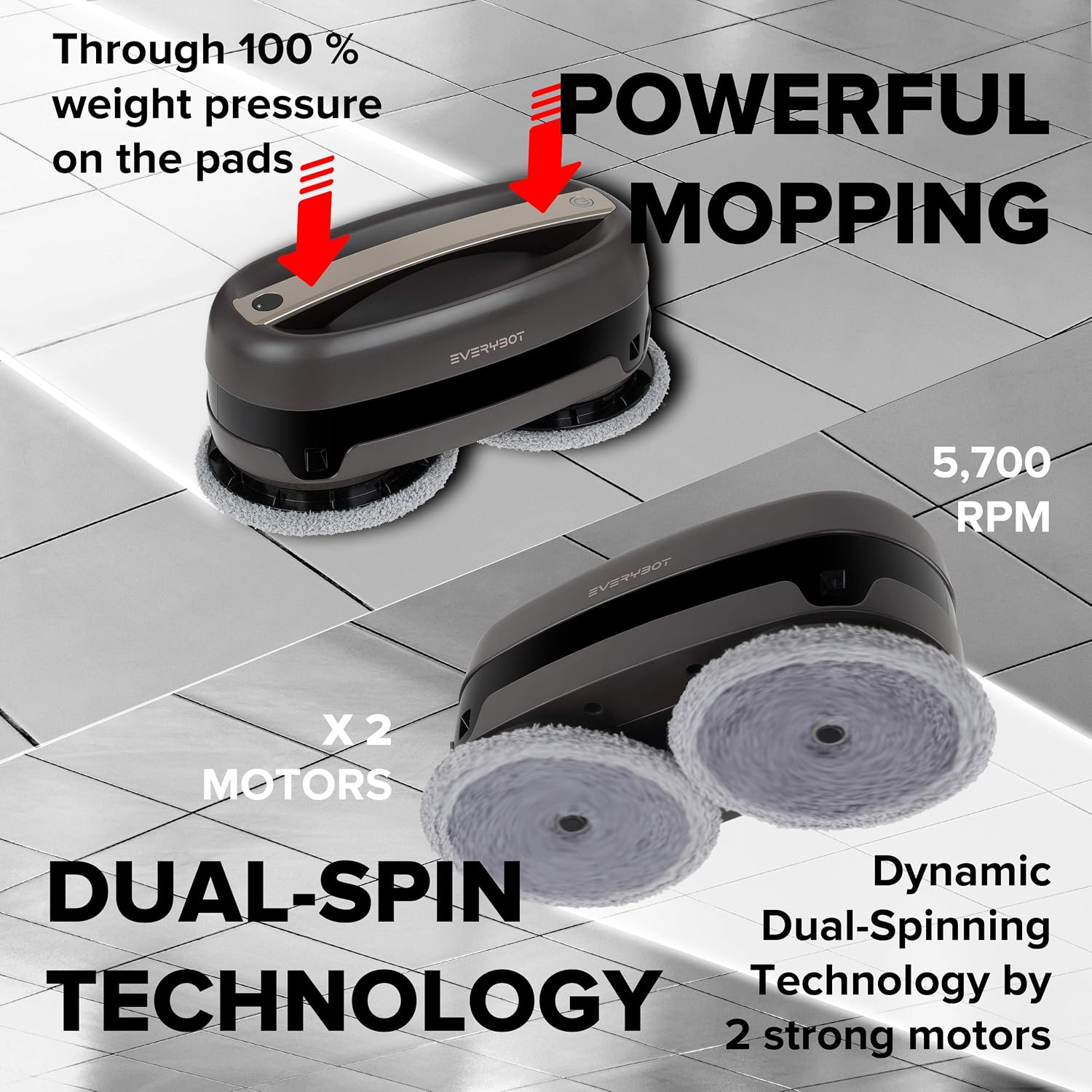 EVERYBOT 'Edge Mocha', Powerful Autonomous Smart Robot Mop for All Kinds of Hard Floor Care and Cleaning with Dual 5,700RPM Motors Controlled by Remote Control