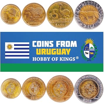 4 Coins from Uruguay | Uruguayan Coin Set Collection 1 2 5 10 Pesos | Circulated 2011-2019 | Greater Rhea | Armadillo | Capybara | Cougar
