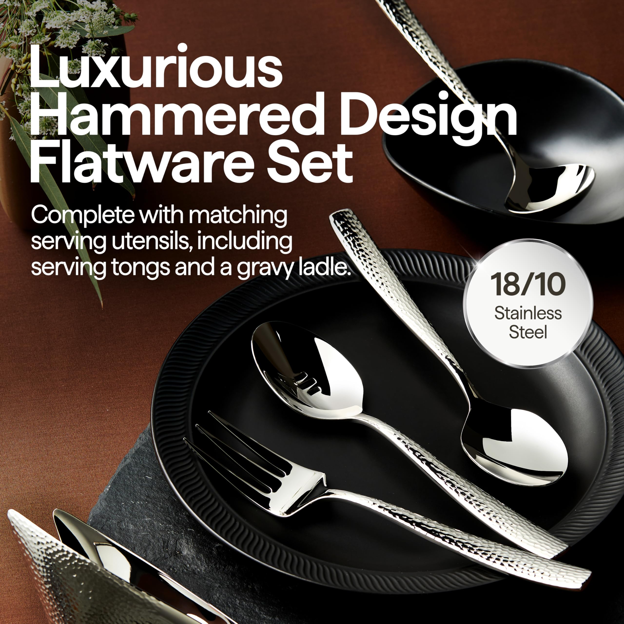 Luciella Ponza Flatware Set for 12, 65-Piece Stainless Steel Silverware Set with Serving Utensils, Timeless Hammered Design, Rust-Resistant, Mirror Polished & Dishwasher Safe