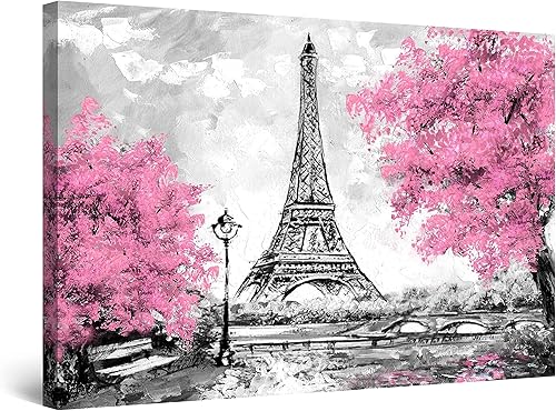 Startonight Lienzo decorativo para pared, diseño abstracto de París, ciudad del amor, árboles rosados, pintura Eiffel, enmarcado de 32 x 48 pulgadas