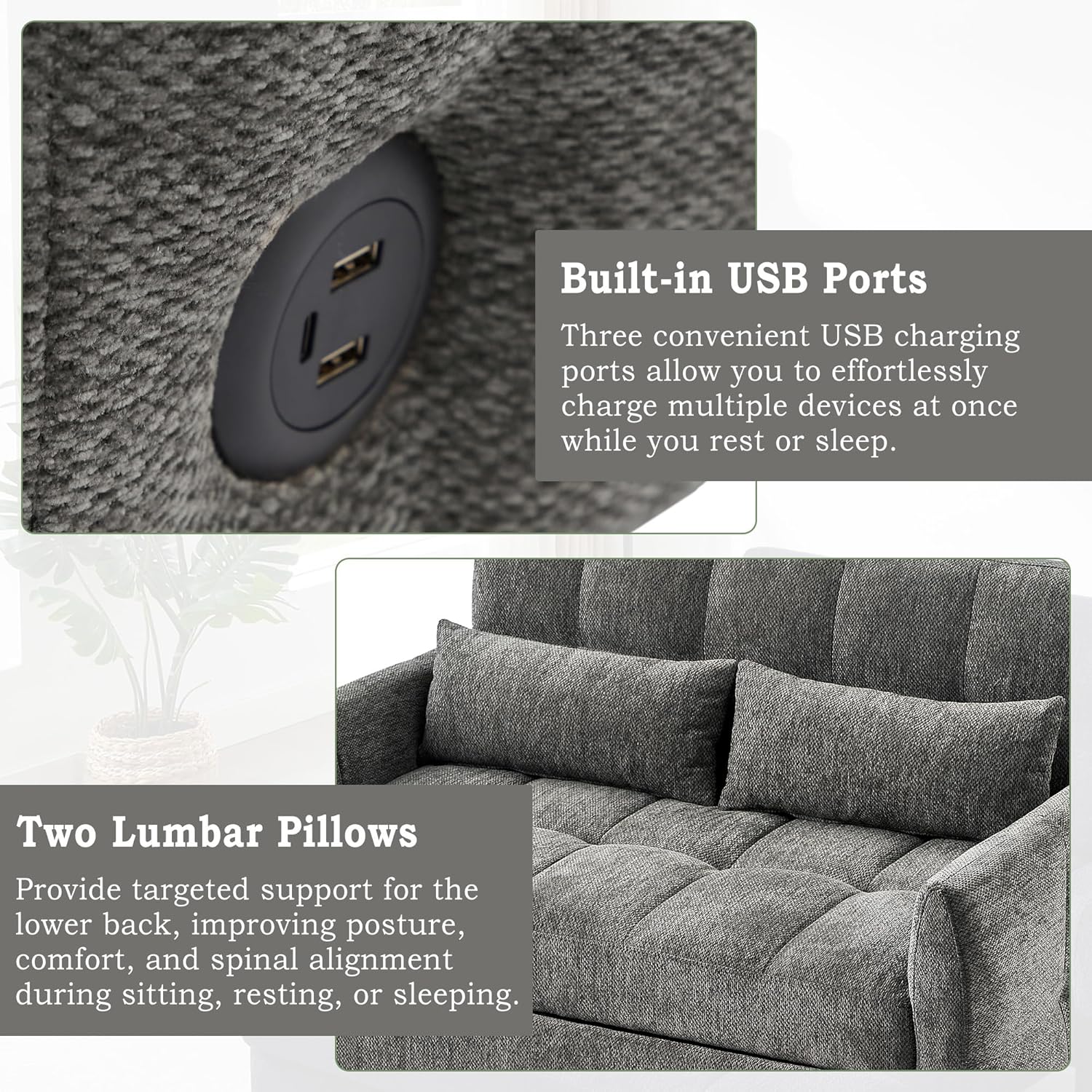 HABITRIO 52.8" Loveseat Sofa Pull-Out Sofa Bed, Tufted Sleeper Sofa with an Adjustable Backrest, 3 USB Ports and 2 Lumbar Pillows for Living Room, Gray