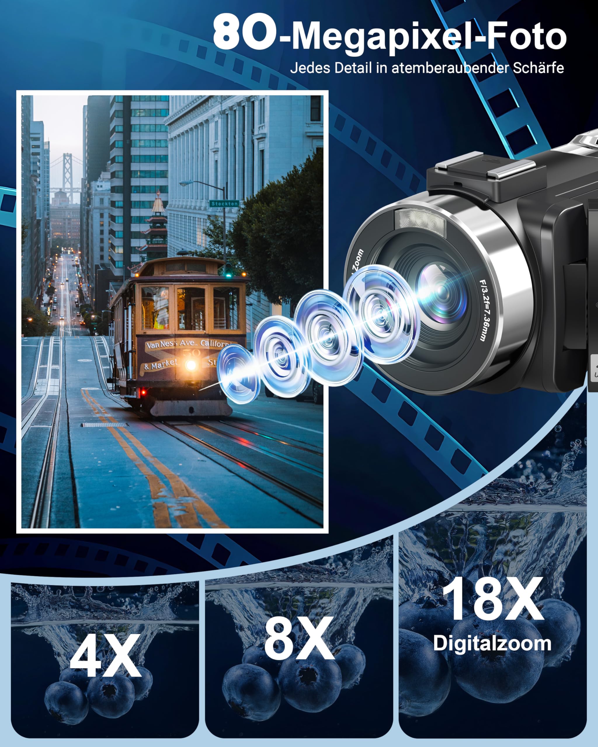 4K 80MP Camcorder mit IR Nachtsicht, 18X Digitalzoom, 3,0-Zoll IPS Screen, Vlogging Camera für YouTube mit 2 Akkus, 32GB-SD-Karte