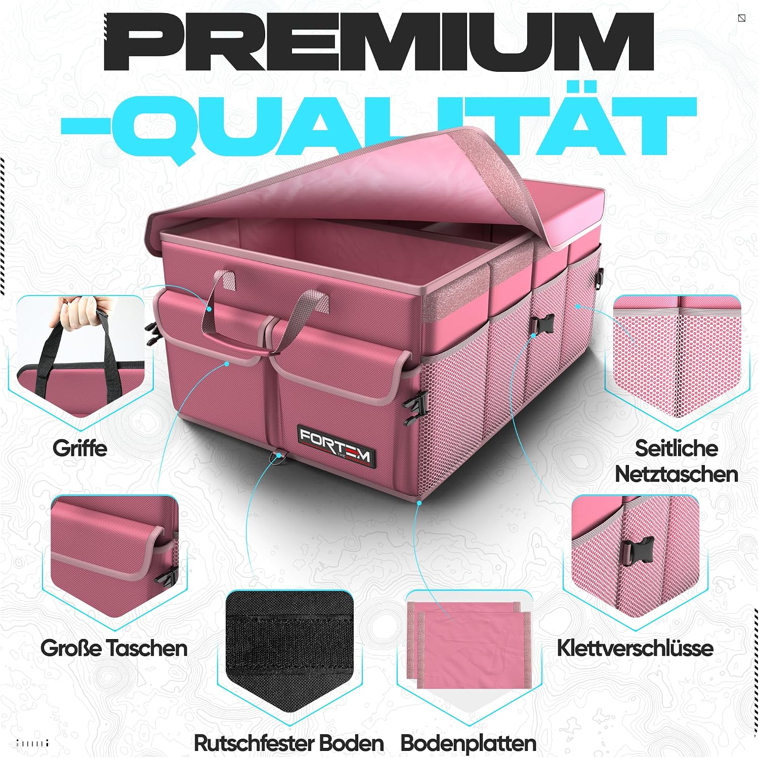 FORTEM Car Boot Organiser, Foldable Car Organiser, Boot with Compartments, Boot Bag, with Non-Slip Base, Adjustable Safety Straps, Folding Lid (65L) Pink Large