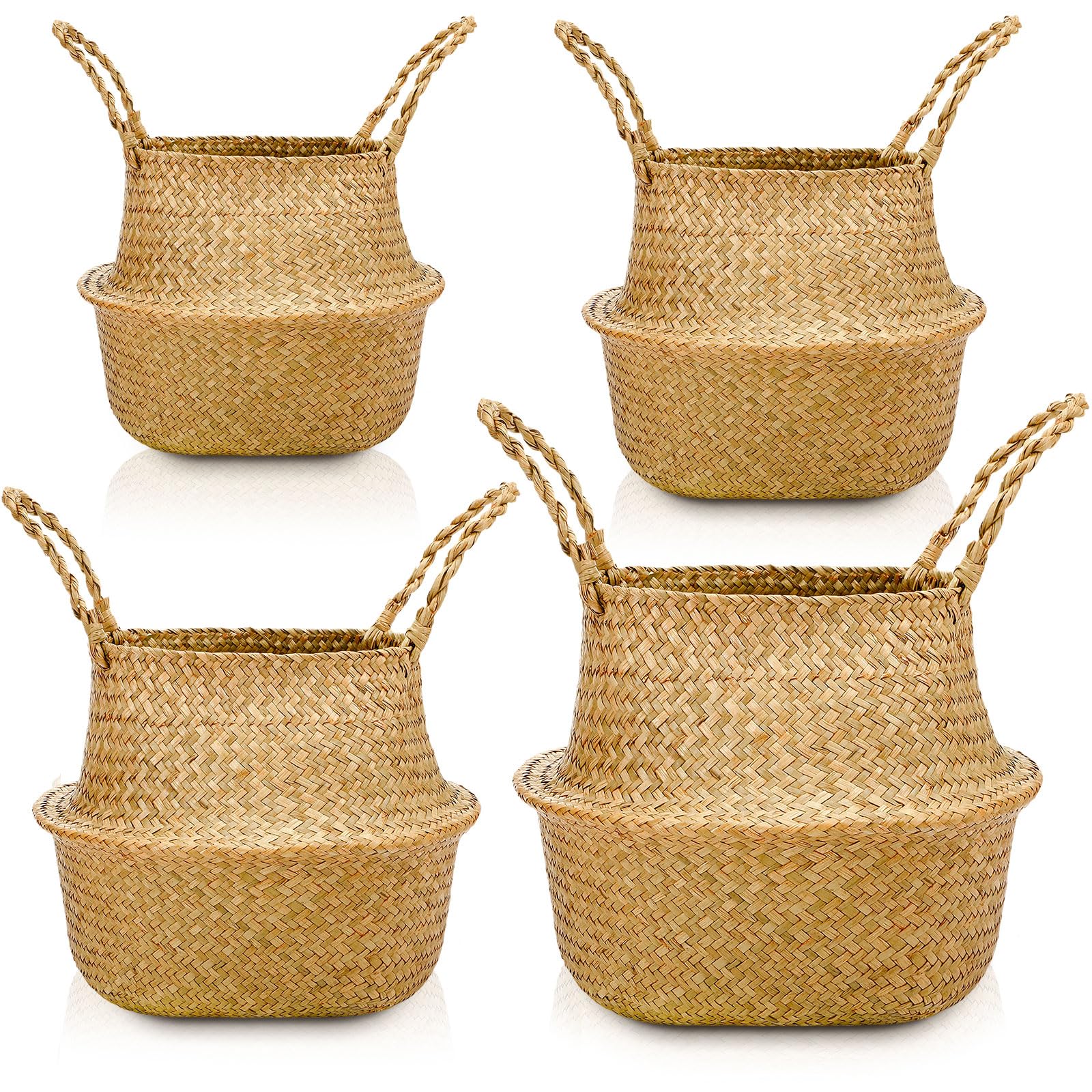 Qunclay 4 cestini in vimini intrecciato, pieghevoli, bohémien, naturali, con manici, rotondi, decorativi, per interni, per casa, esterni, fioriere per alberi (multidimensione)