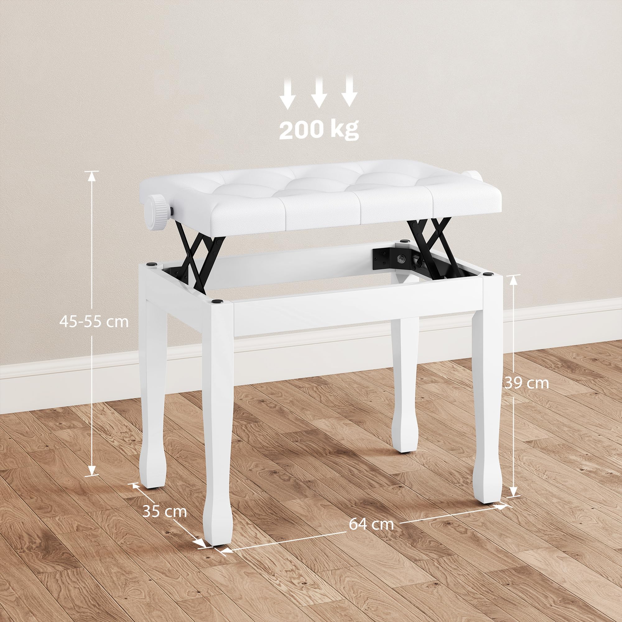 HOMCOM Banc de Piano, Banc de Clavier réglable en Hauteur en Bois Massif, Tabouret Piano avec siège rembourré polyuréthane à 10 Boutons, Stable et antidérapant, Charge 200kg, Blanc