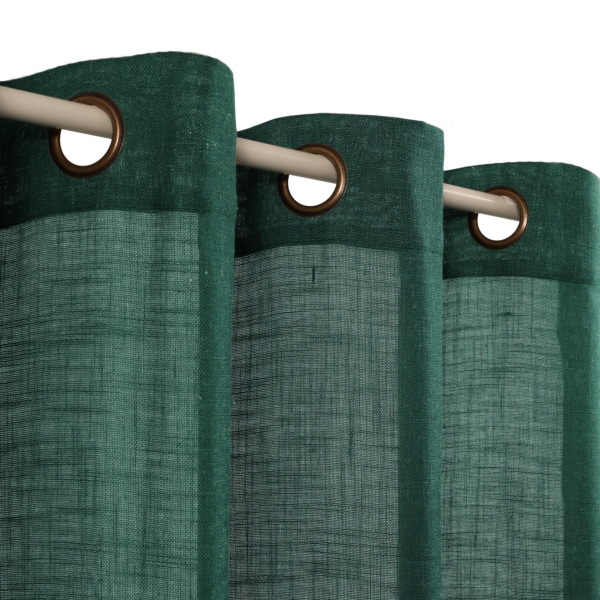 VOILYBIRD Forest Green Linen Curtains 63 Inch Length for Bedroom Boho Semi Sheer Drapes with Bronze Grommets Set of 2 Panels