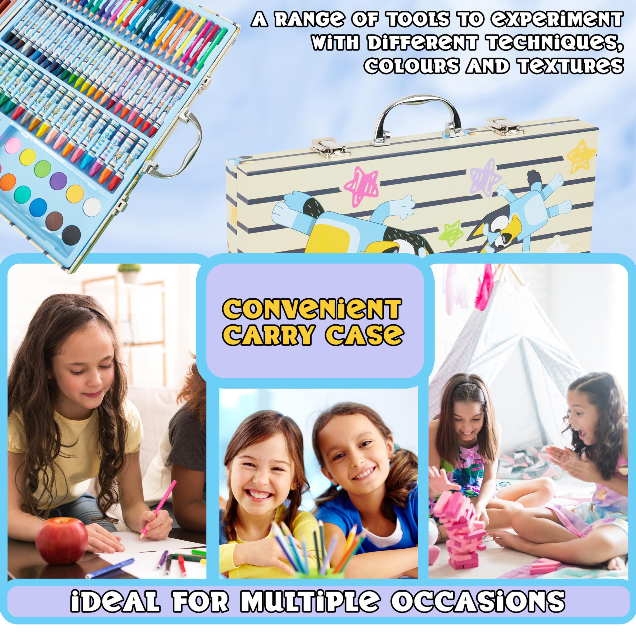 Bluey Maletin Pinturas para Niños, Más de 140 Piezas de Arte para Viaje o Escuela (Estuche Azul)