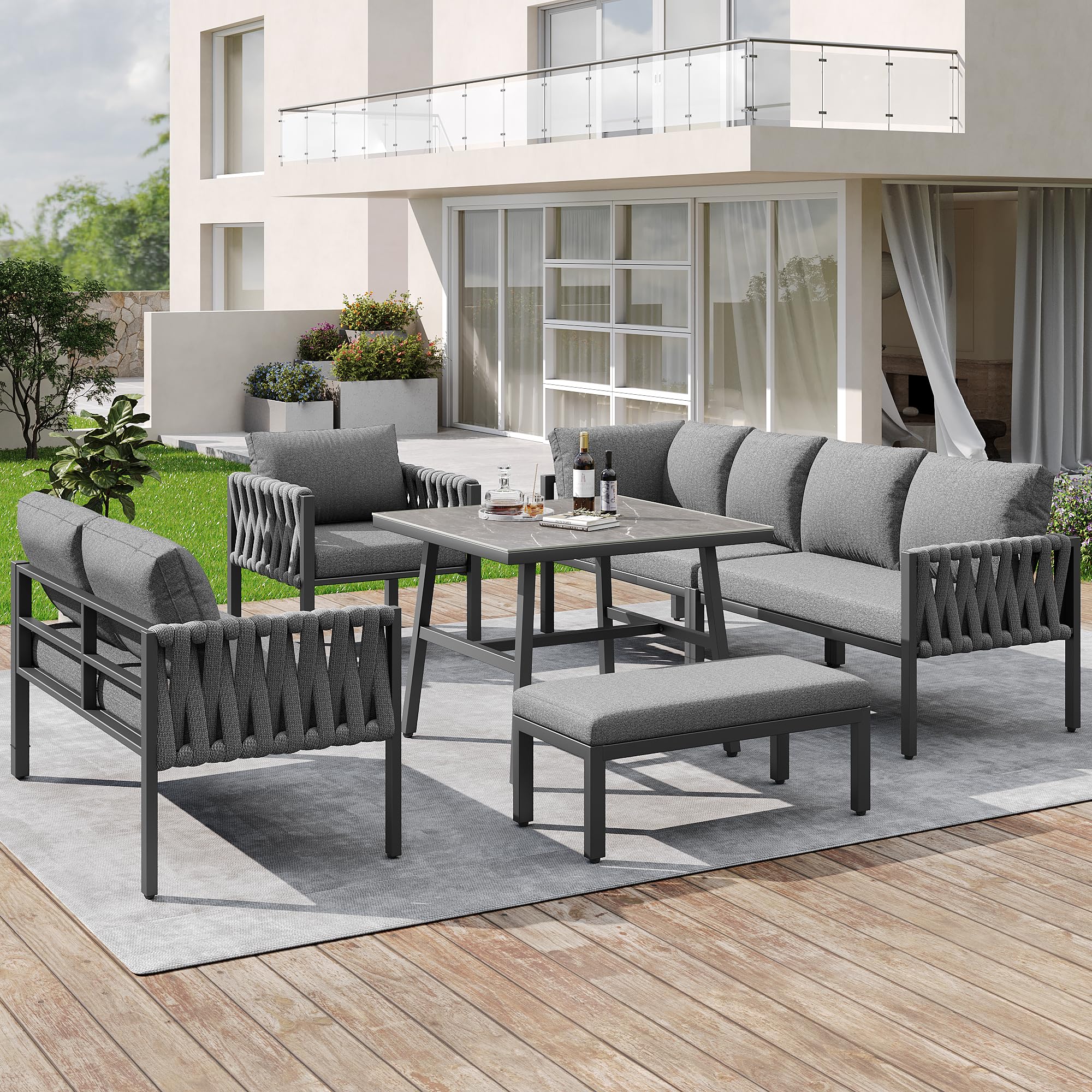 Mrwoo Juego de Muebles de Jardín de Cuerda, Sofá Esquinero Exterior con Hierro Galvanizado, Mesa con Cristal Templado, Patas Ajustables, Cojines de Asiento y Respaldo Incluidos, Gris