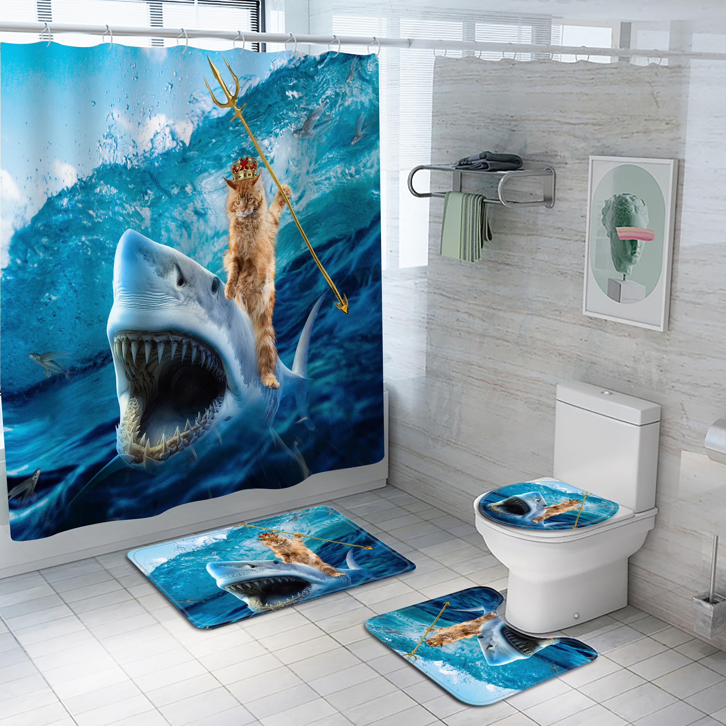 Planially 4Pcs Funny Cat Shark Shower Curtain Sets,Bathroom Sets with Shower Curtain, Toilet Lid Rug, Contour Mat and Bath Mat, Shark Shower Curtain with 12 Hooks for Bathroom Set Decor,72 * 72 Inch